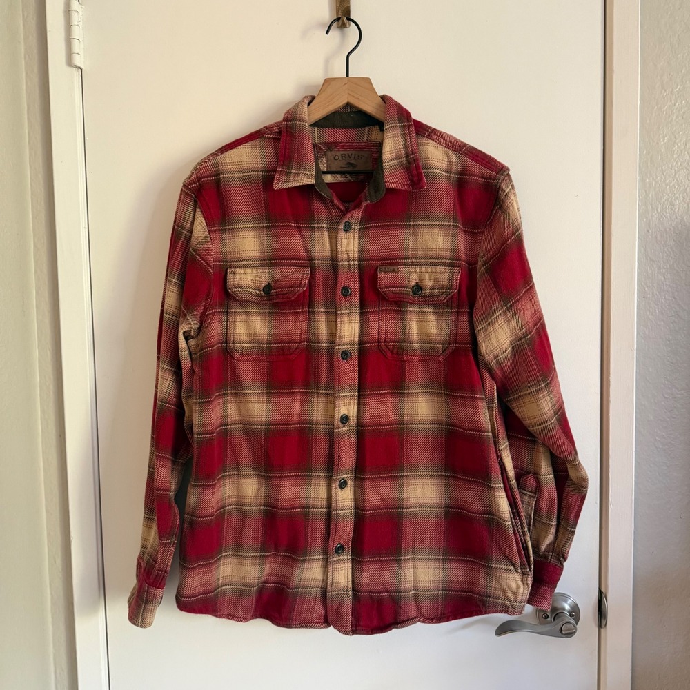 Orvis Classic Collection Red Plaid Flannel Shirt Jacket Fleece Lined Women Large